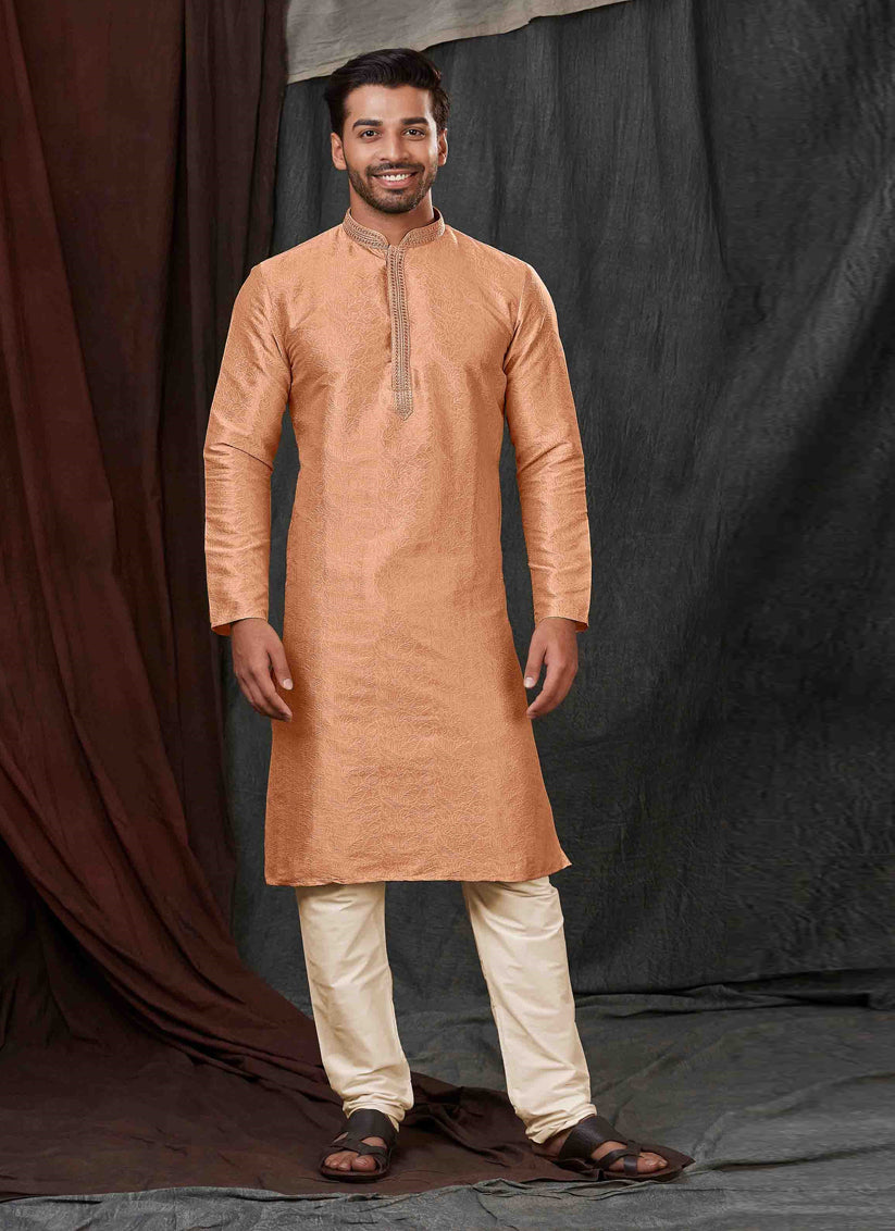 Salmon Orange Jacquard Mens Kurta Pajama Set