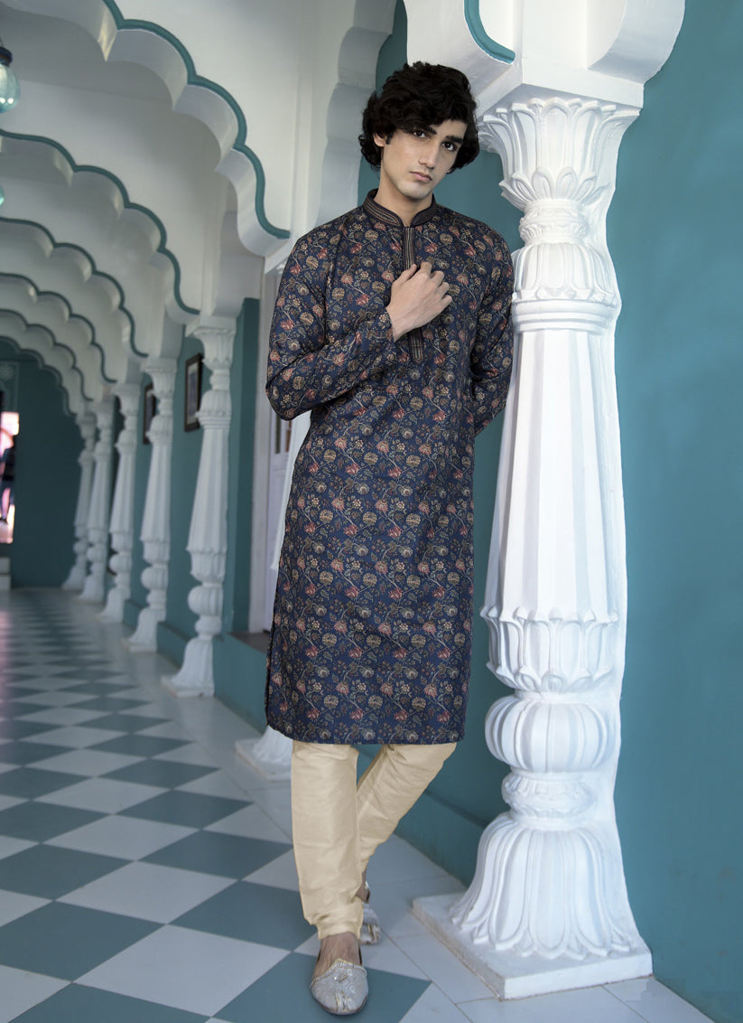 Prussian Blue Polyester Printed Mens Kurta Pajama Set