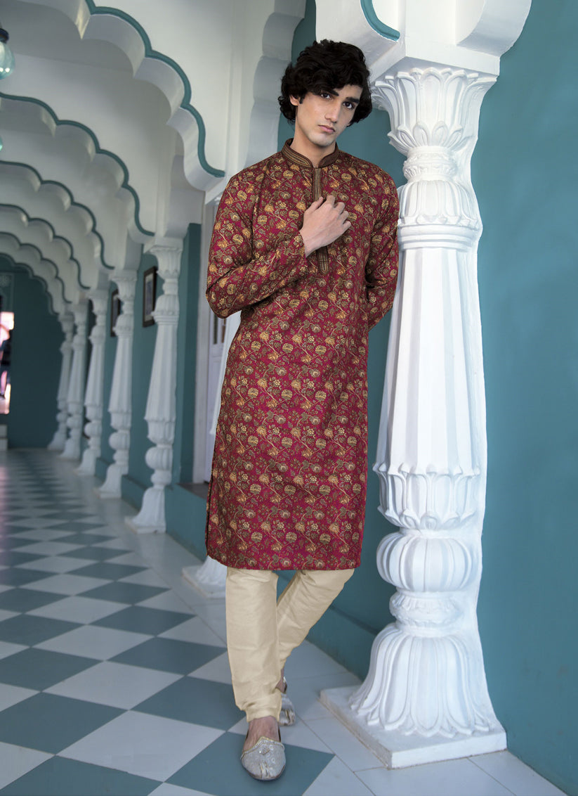 Maroon Polyester Printed Mens Kurta Pajama Set