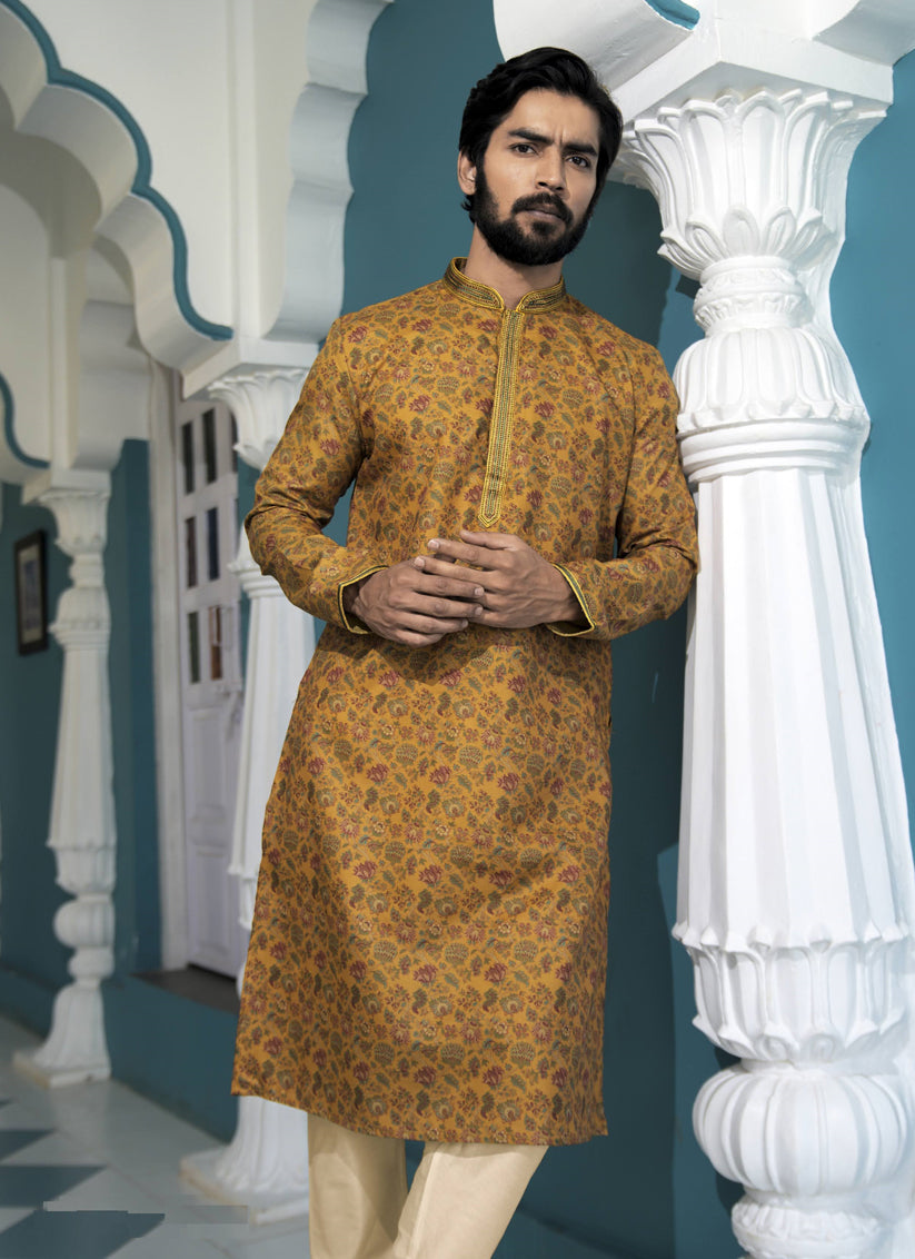 Mustard Polyester Printed Mens Kurta Pajama Set