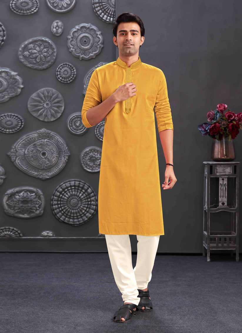 Mustard Yellow Blend Silk Mens Kurta Pajama Set