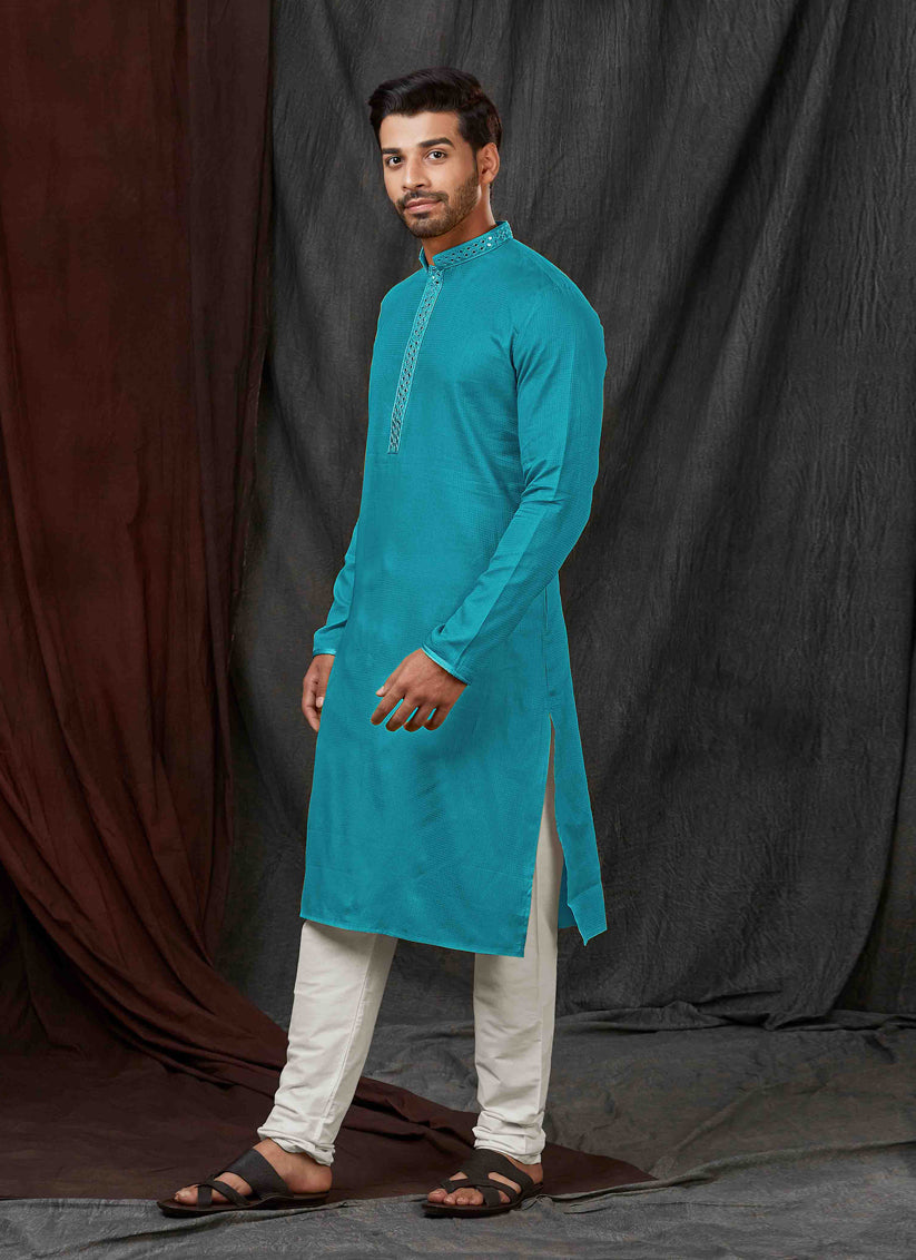 Azure Blue Jacquard Mens Kurta Pajama Set