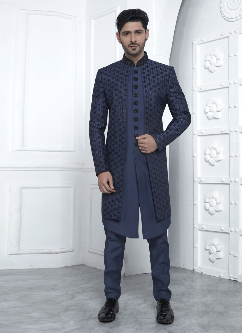 Navy Blue Art Silk Mens Indo Western Outfit