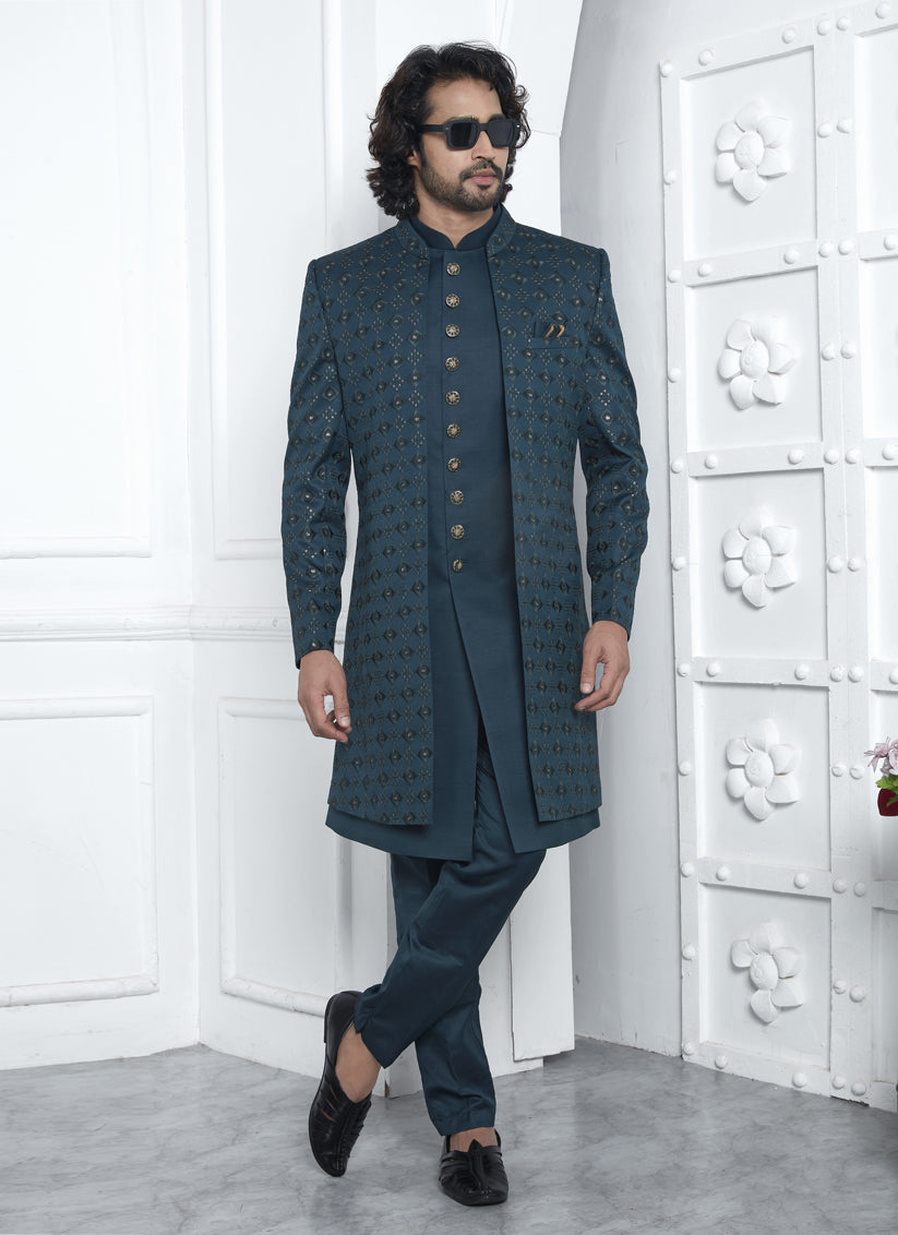 Teal Green Art Silk Mens Indo Western Outfit