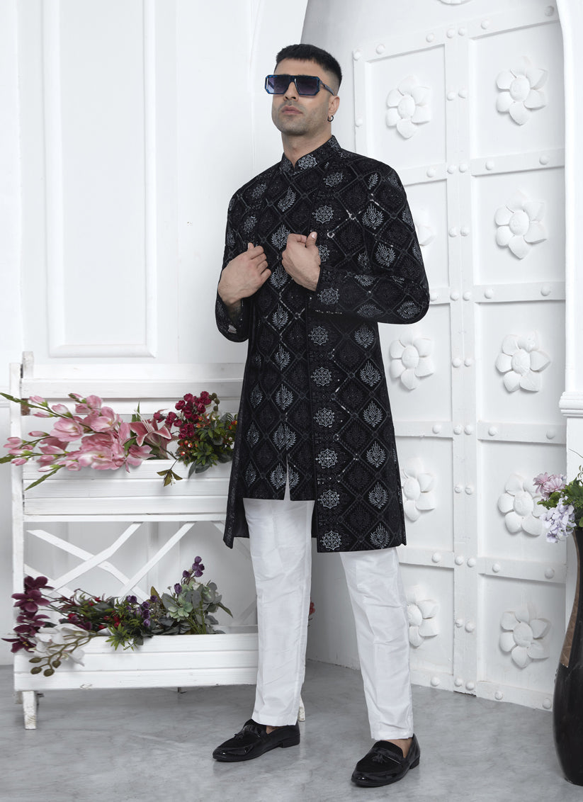 Black Velvet Silk Mens Indo Western Outfit