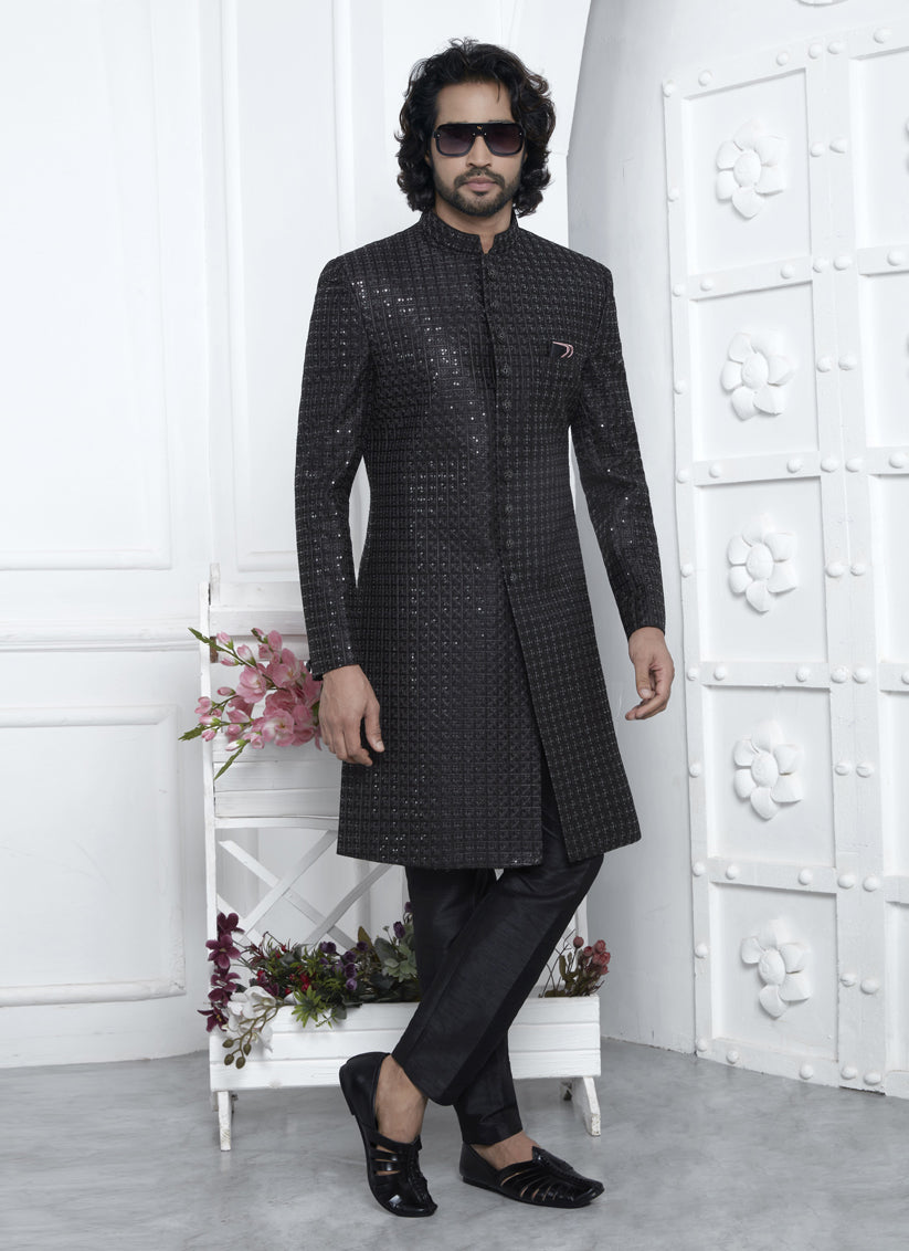 Black Velvet Silk Mens Sherwani