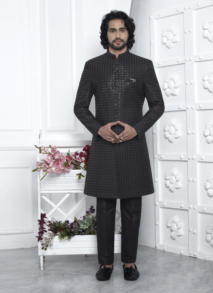 Black Velvet Silk Mens Sherwani
