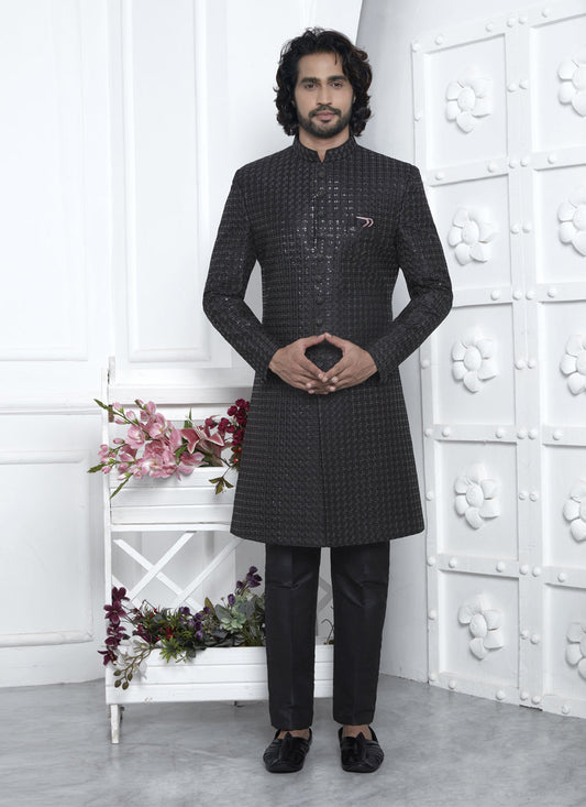 Black Velvet Silk Mens Sherwani