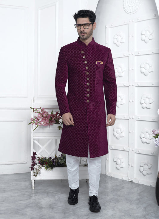 Magenta Velvet Silk Mens Sherwani