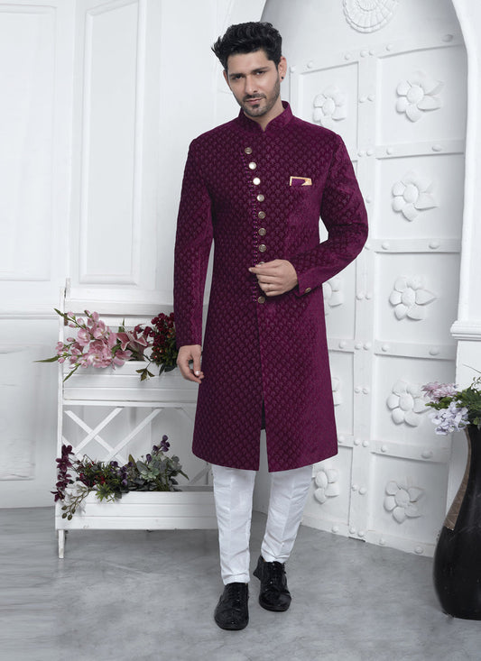 Magenta Velvet Silk Mens Sherwani