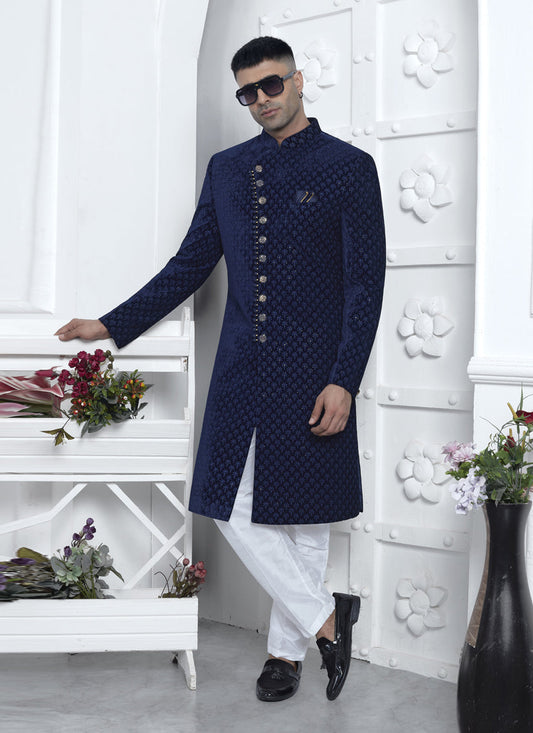 Navy Blue Velvet Silk Mens Sherwani