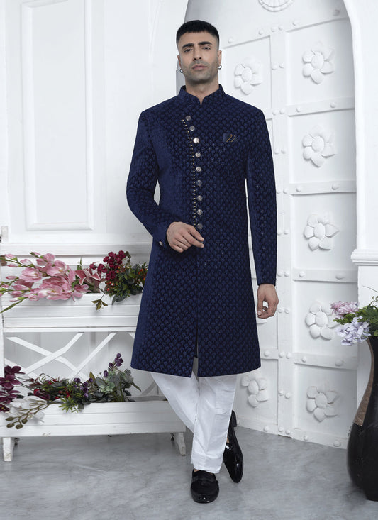 Navy Blue Velvet Silk Mens Sherwani