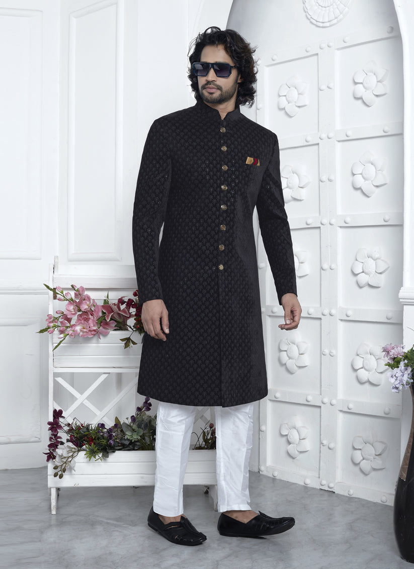 Black Velvet Silk Mens Sherwani