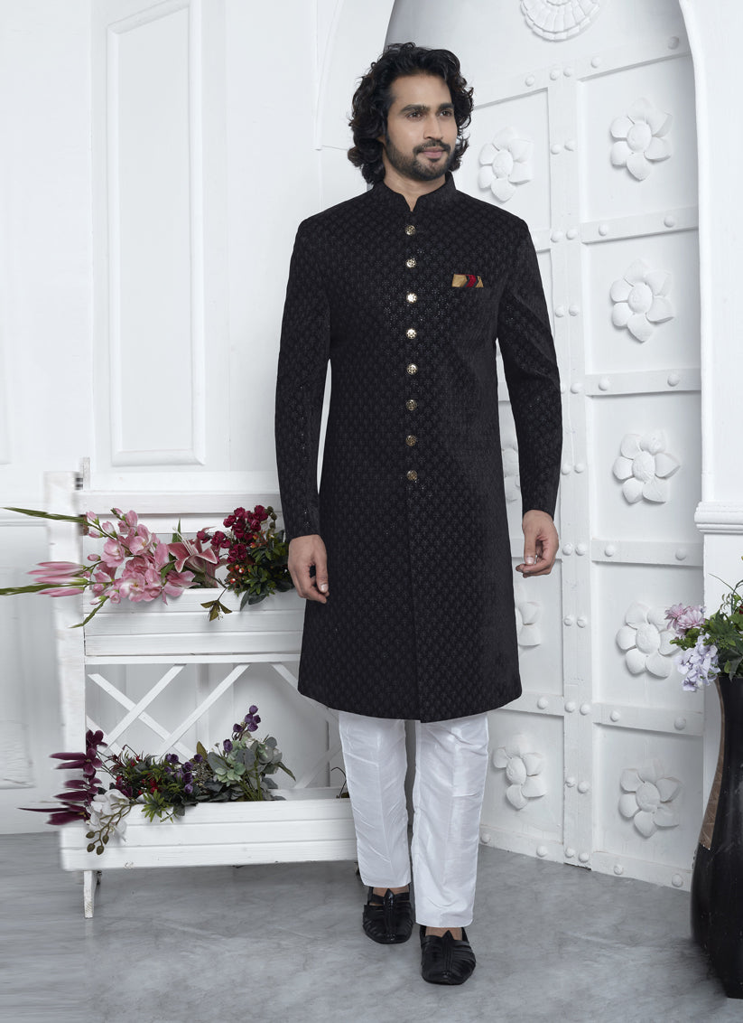 Black Velvet Silk Mens Sherwani