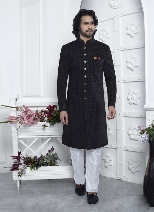 Black Velvet Silk Mens Sherwani