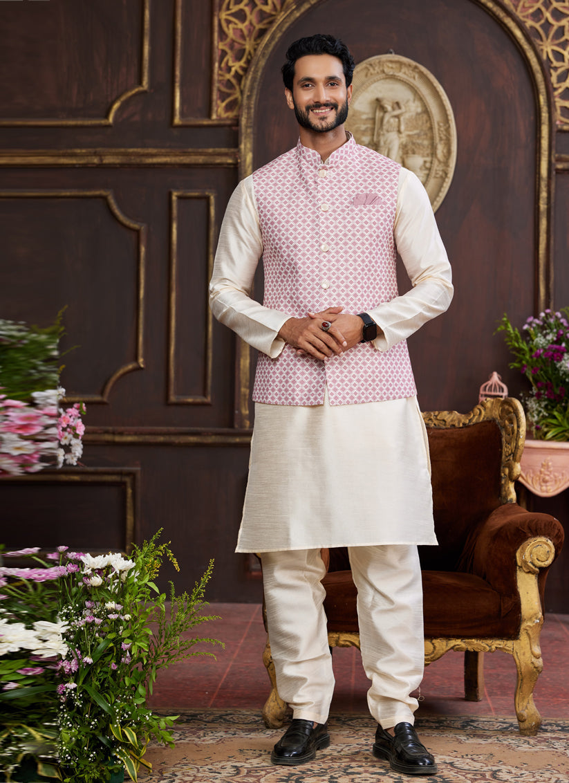 Off White Art Banarasi Silk Mens Kurta Pajama Set With Jacket