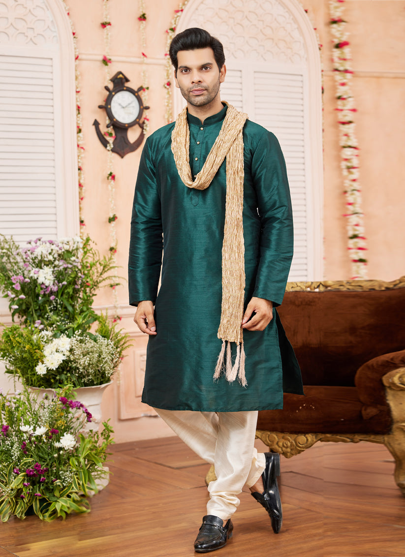 Pine Green Art Silk Mens Kurta Pajama Set With Stole