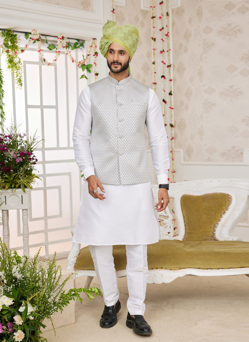 White Art Banarasi Silk Mens Kurta Pajama Set With Jacket