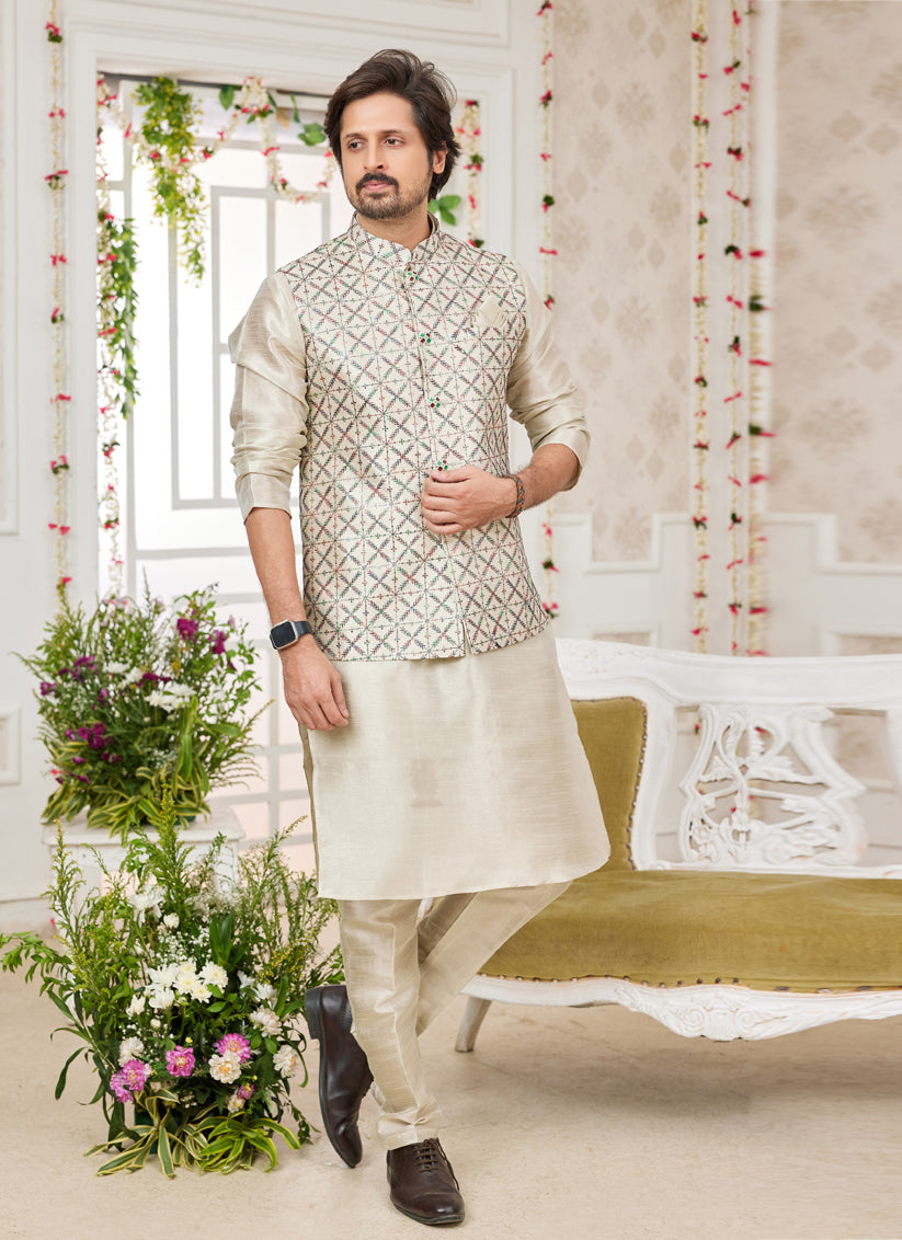 Ivory Art Banarasi Silk Mens Kurta Pajama Set With Jacket