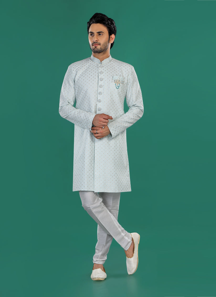 Sky Blue Mens Semi Indowestern Outfit For Wedding