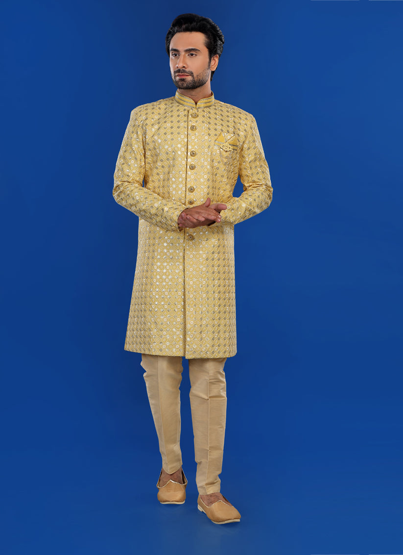 Yellow Mens Semi Indowestern Outfit For Wedding