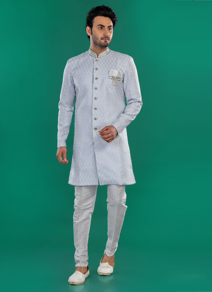 Sky Blue Mens Semi Indowestern Outfit For Wedding