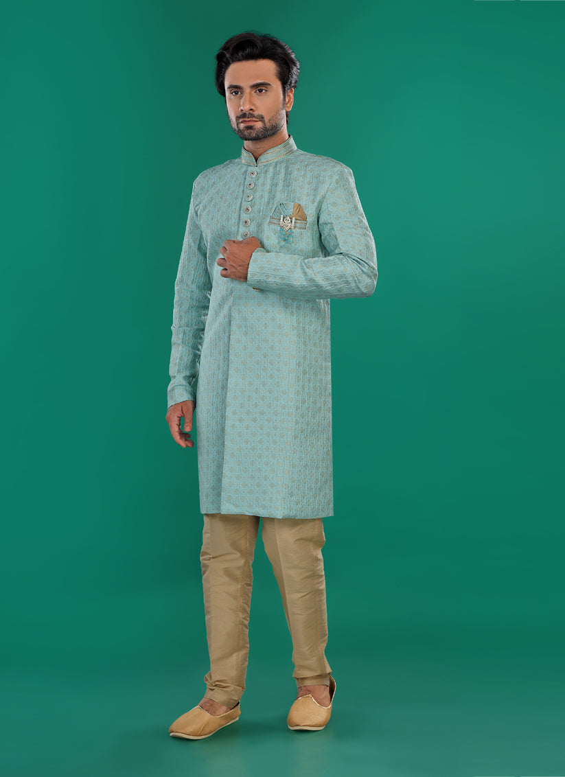 Sky Blue Mens Semi Indowestern Outfit For Wedding
