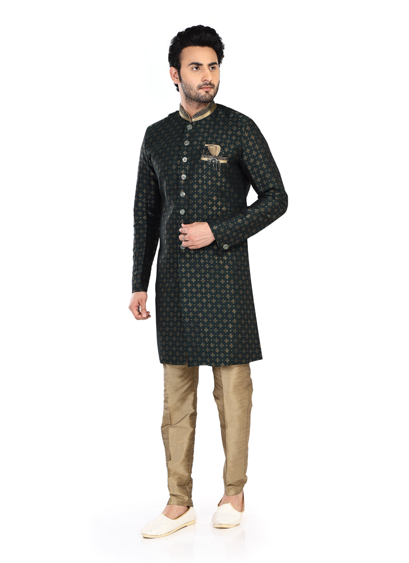 Bottle Green Mens Semi Indowestern Outfit For Wedding