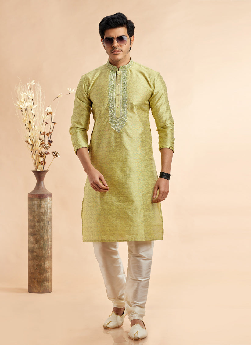 Chartreuse Green Jacquard Art Silk Embroidered Kurta Pajama Set