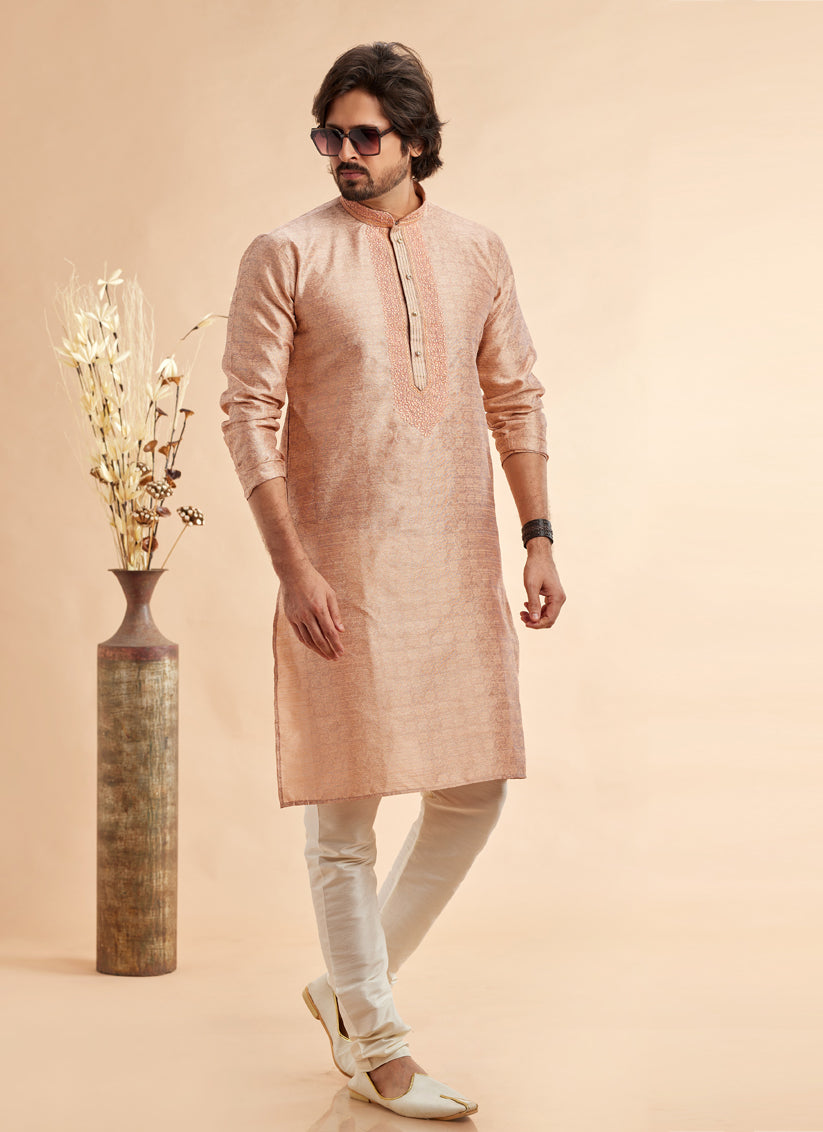 Rose Gold Jacquard Art Silk Embroidered Kurta Pajama Set