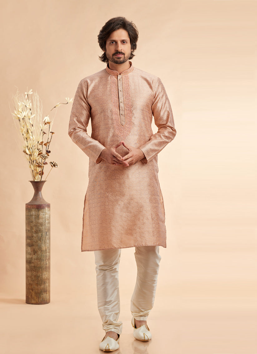 Rose Gold Jacquard Art Silk Embroidered Kurta Pajama Set