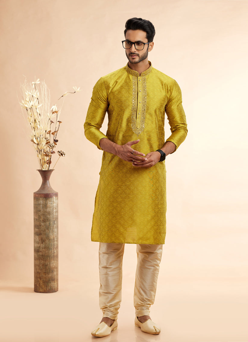 Chartreuse Jacquard Art Silk Embroidered Kurta Pajama Set
