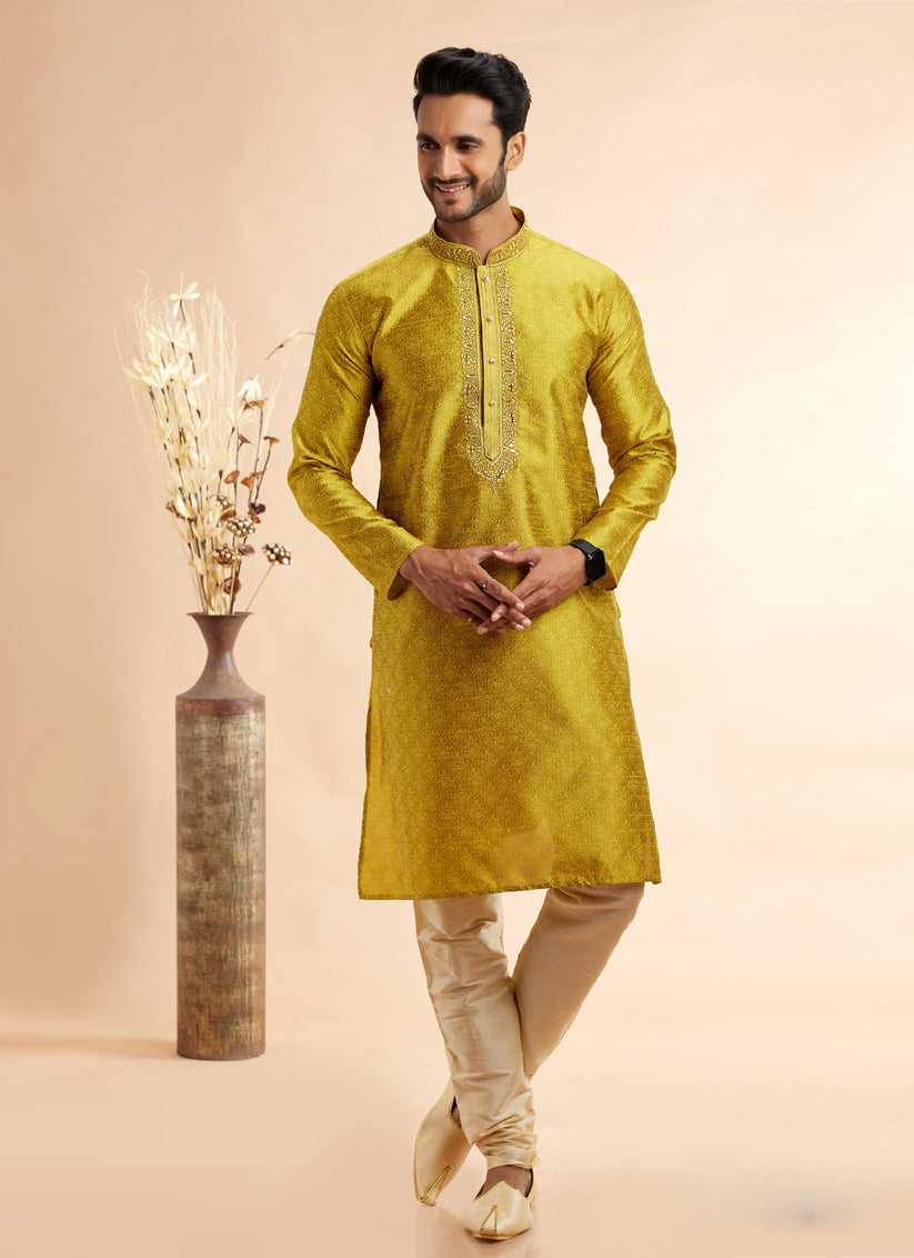Chartreuse Jacquard Art Silk Embroidered Kurta Pajama Set