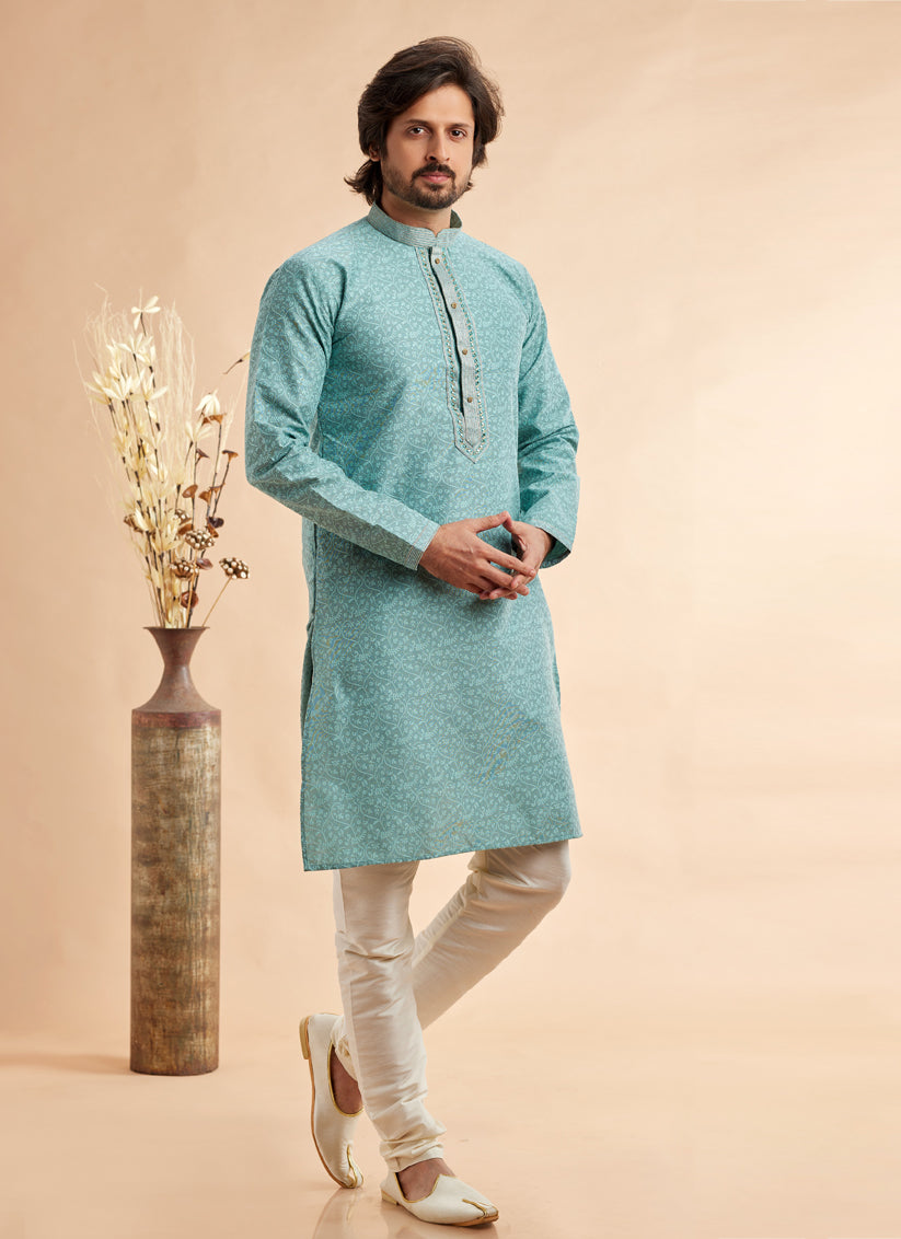 Ice Blue Jacquard Art Silk Embroidered Kurta Pajama Set