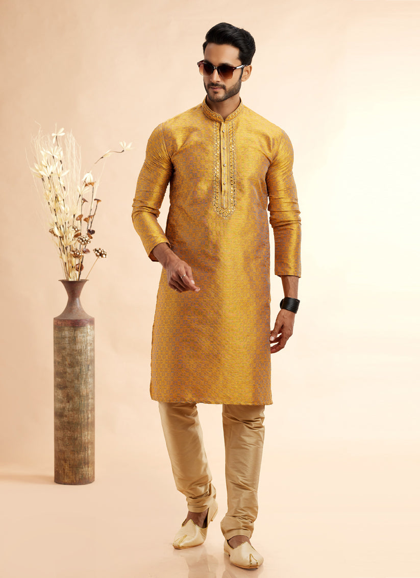 Mustard Jacquard Art Silk Embroidered Kurta Pajama Set