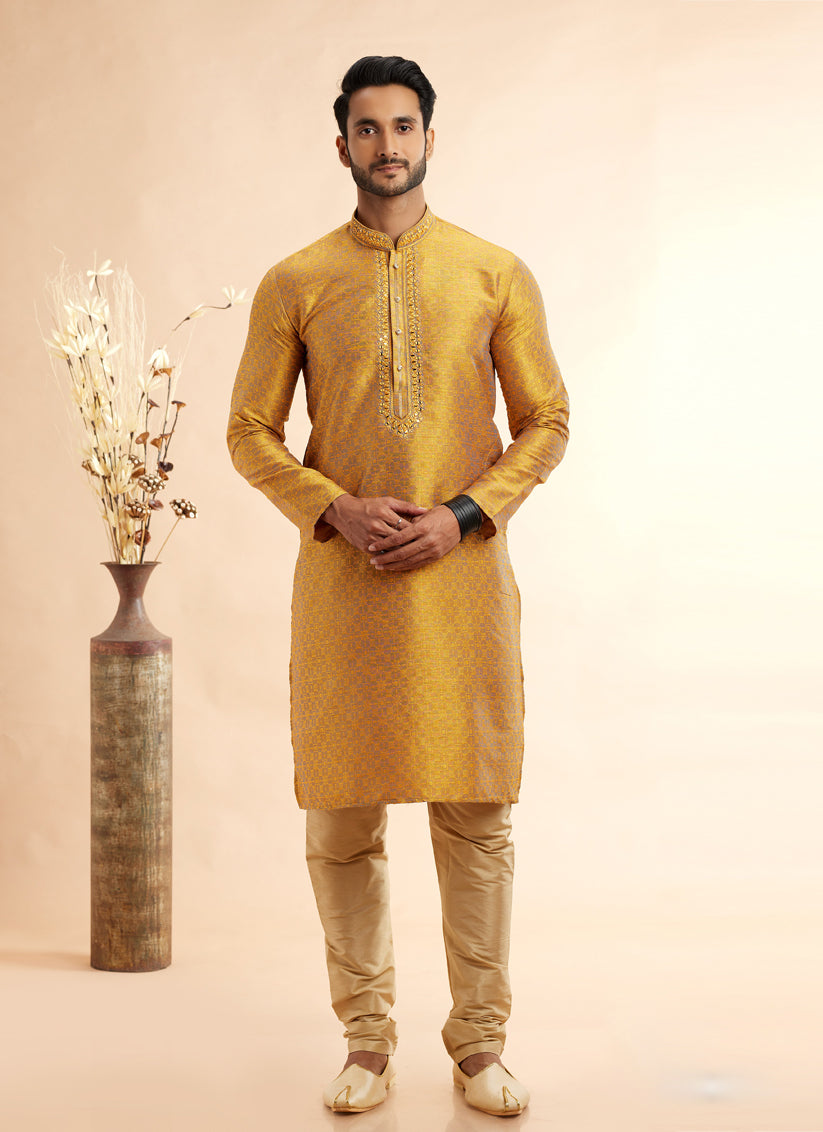 Mustard Jacquard Art Silk Embroidered Kurta Pajama Set