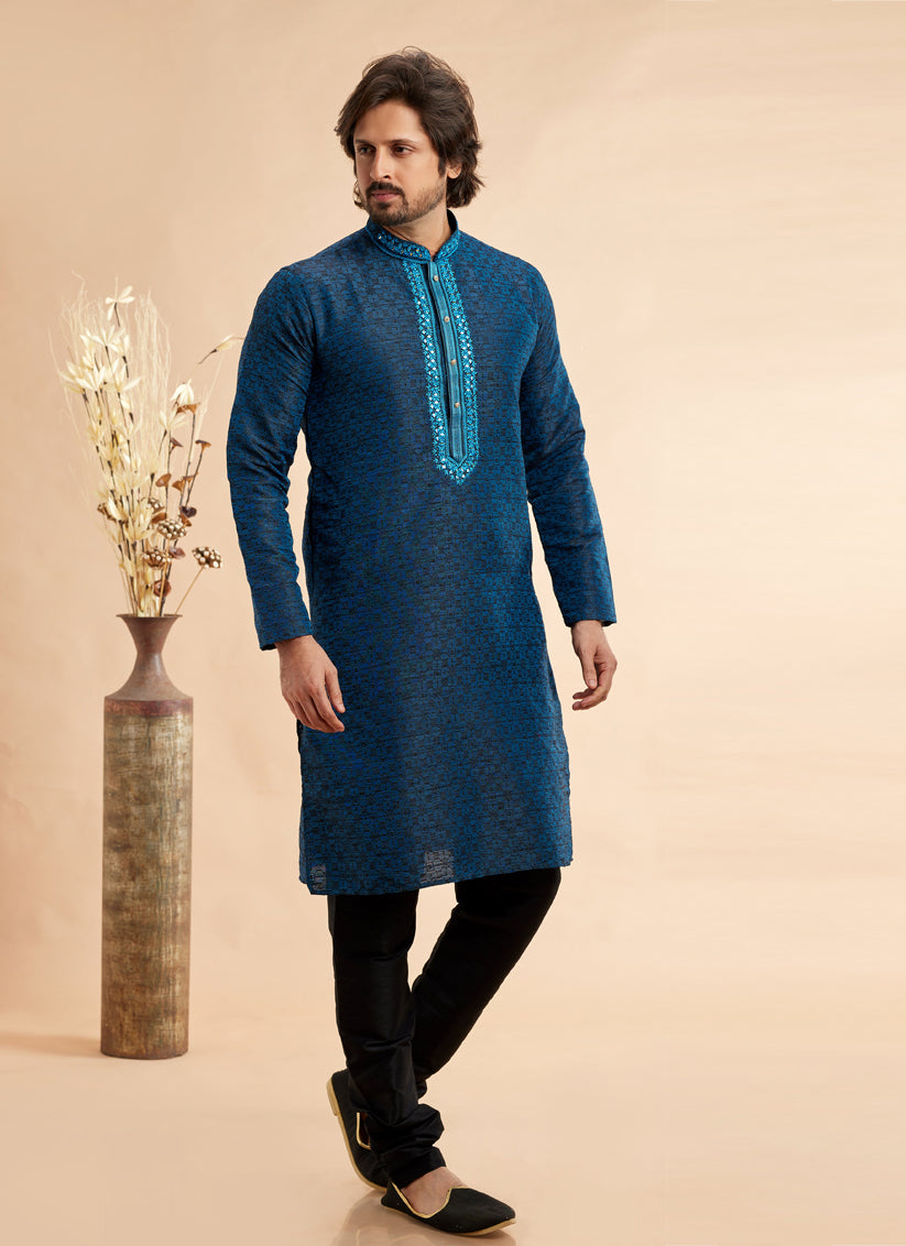 Peacock Blue Jacquard Art Silk Embroidered Kurta Pajama Set