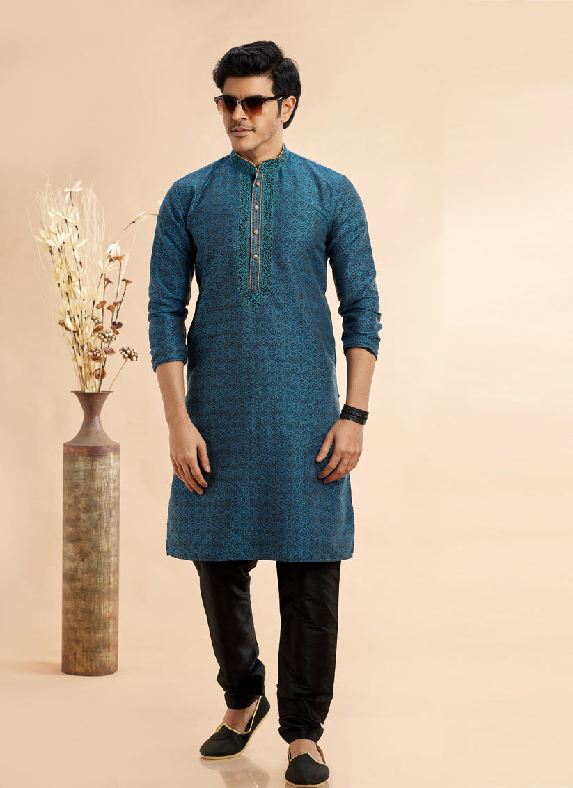 Peacock Blue Jacquard Art Silk Embroidered Kurta Pajama Set