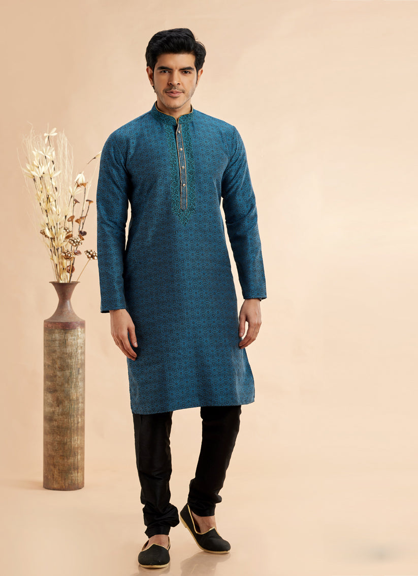 Peacock Blue Jacquard Art Silk Embroidered Kurta Pajama Set