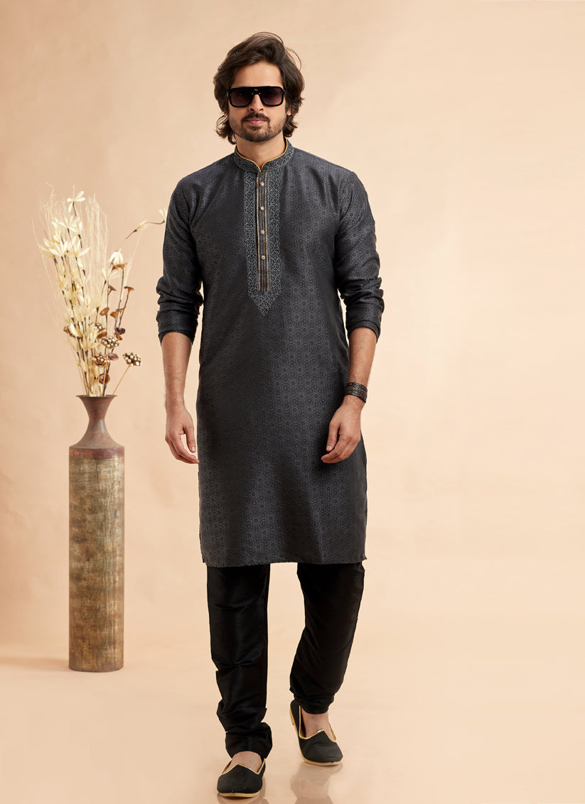 Slate Grey Jacquard Art Silk Embroidered Kurta Pajama Set