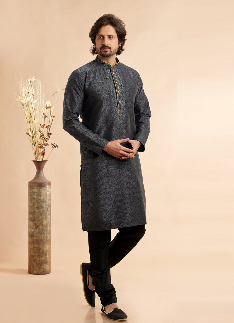 Slate Grey Jacquard Art Silk Embroidered Kurta Pajama Set