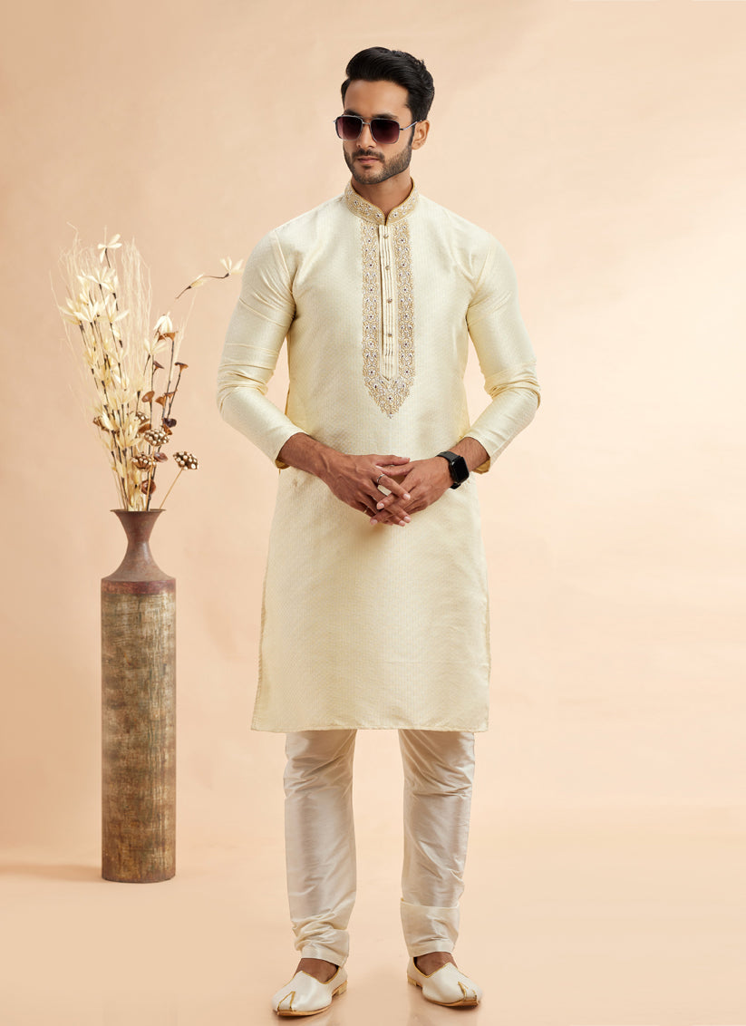 Cream Jacquard Art Silk Embroidered Kurta Pajama Set