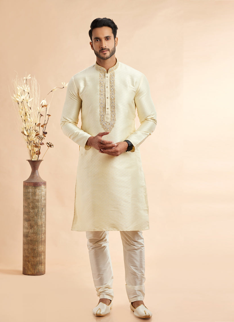 Cream Jacquard Art Silk Embroidered Kurta Pajama Set