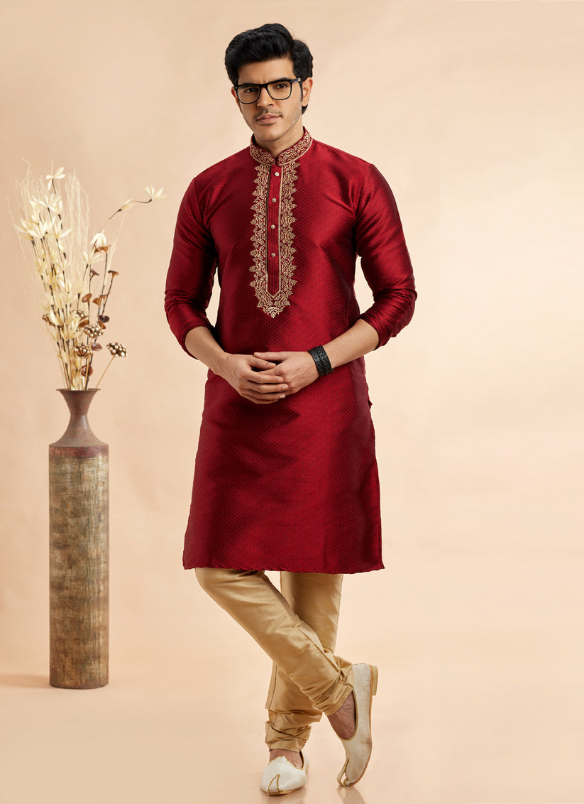 Maroon Jacquard Art Silk Embroidered Kurta Pajama Set