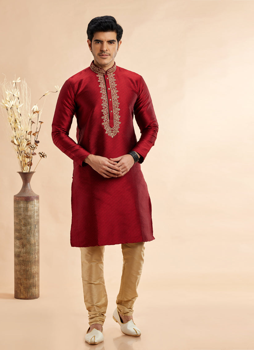 Maroon Jacquard Art Silk Embroidered Kurta Pajama Set