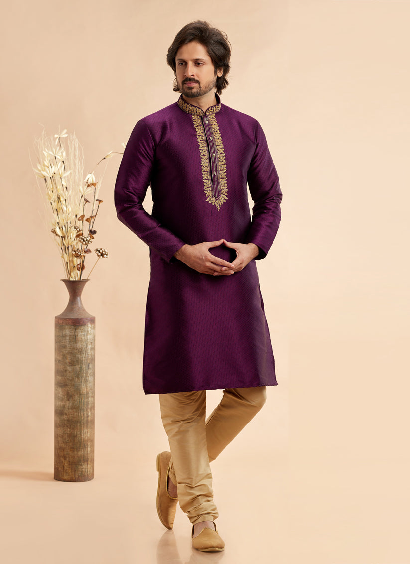 Wine Jacquard Art Silk Embroidered Kurta Pajama Set