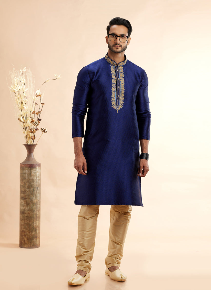 Indigo Blue Jacquard Art Silk Embroidered Kurta Pajama Set