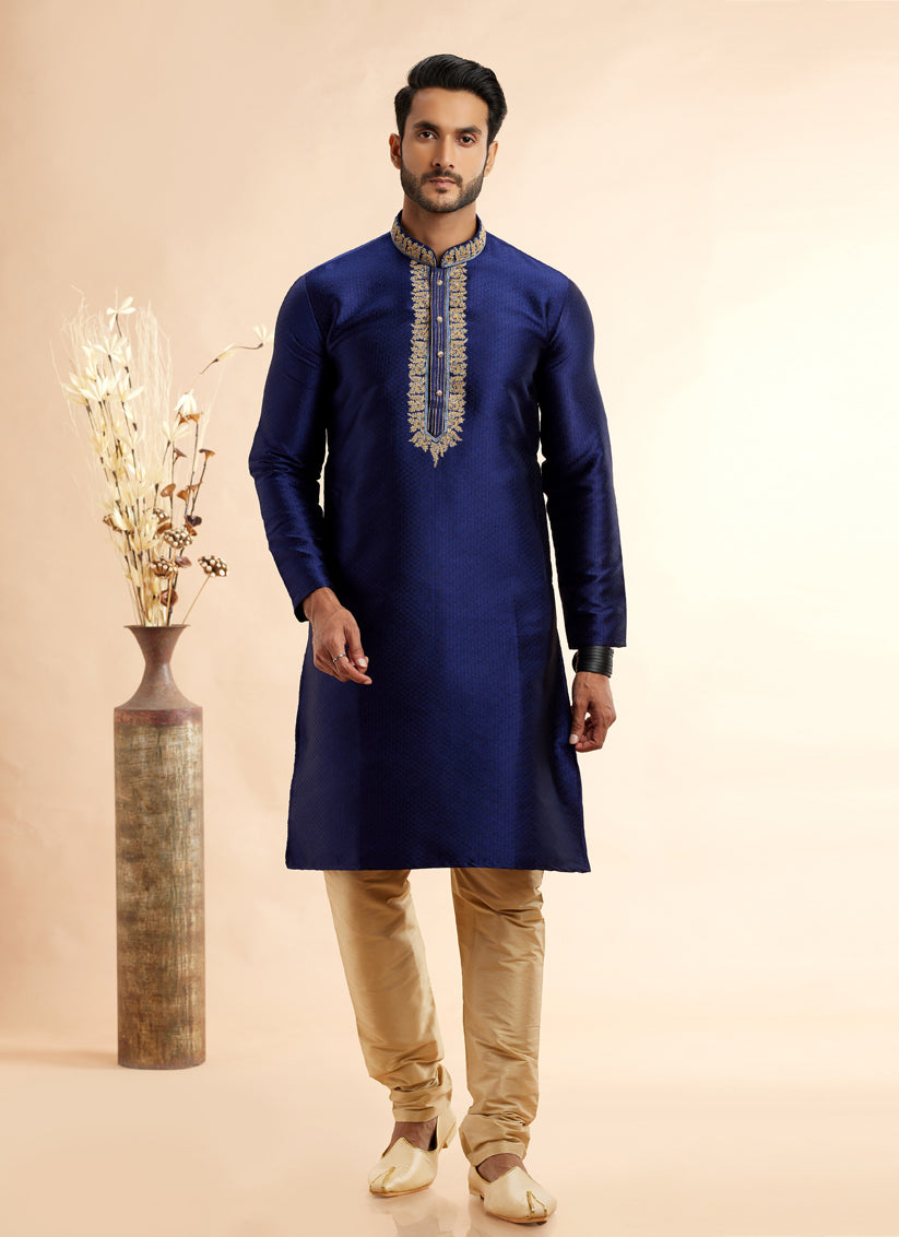 Indigo Blue Jacquard Art Silk Embroidered Kurta Pajama Set