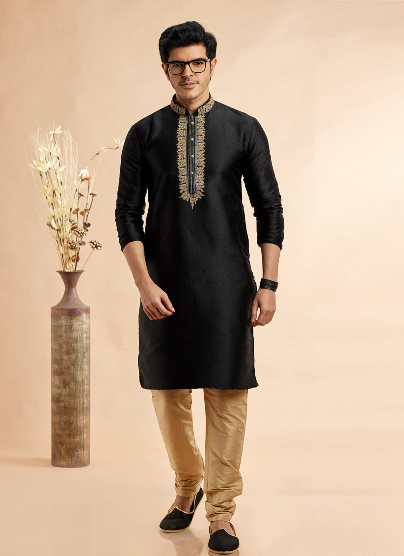 Black Jacquard Art Silk Embroidered Kurta Pajama Set