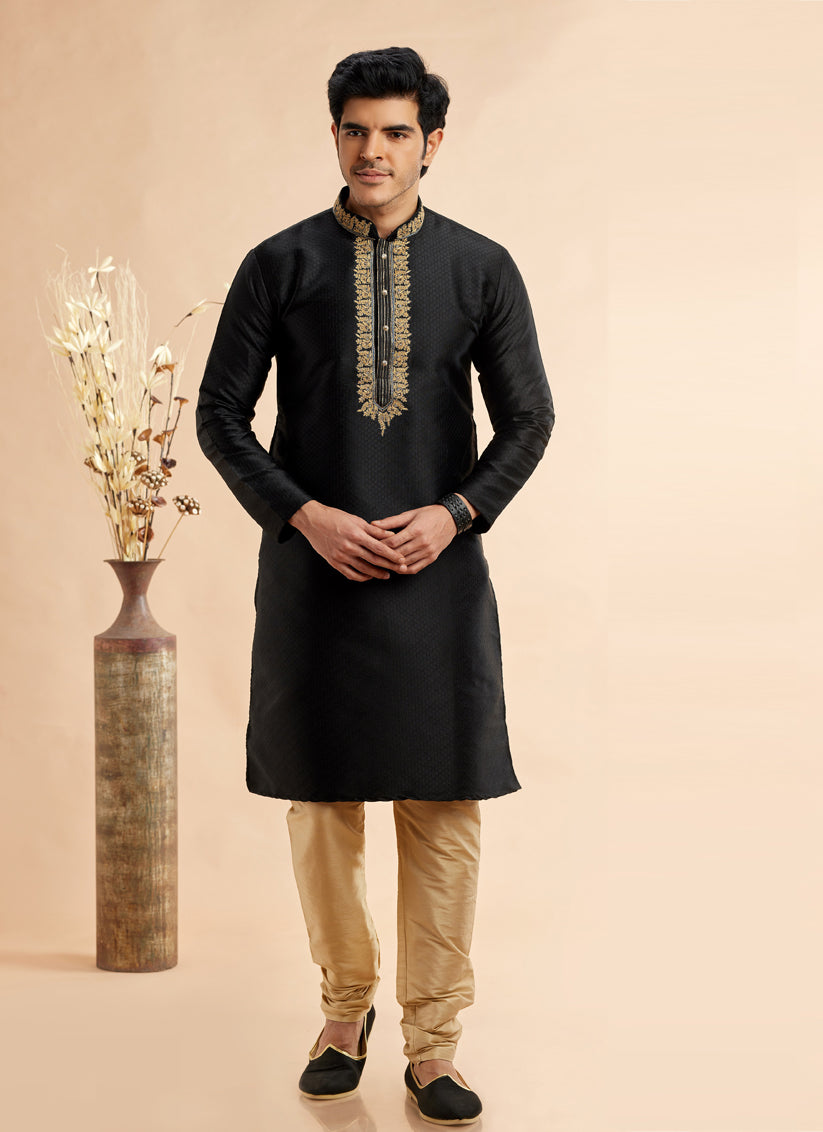 Black Jacquard Art Silk Embroidered Kurta Pajama Set